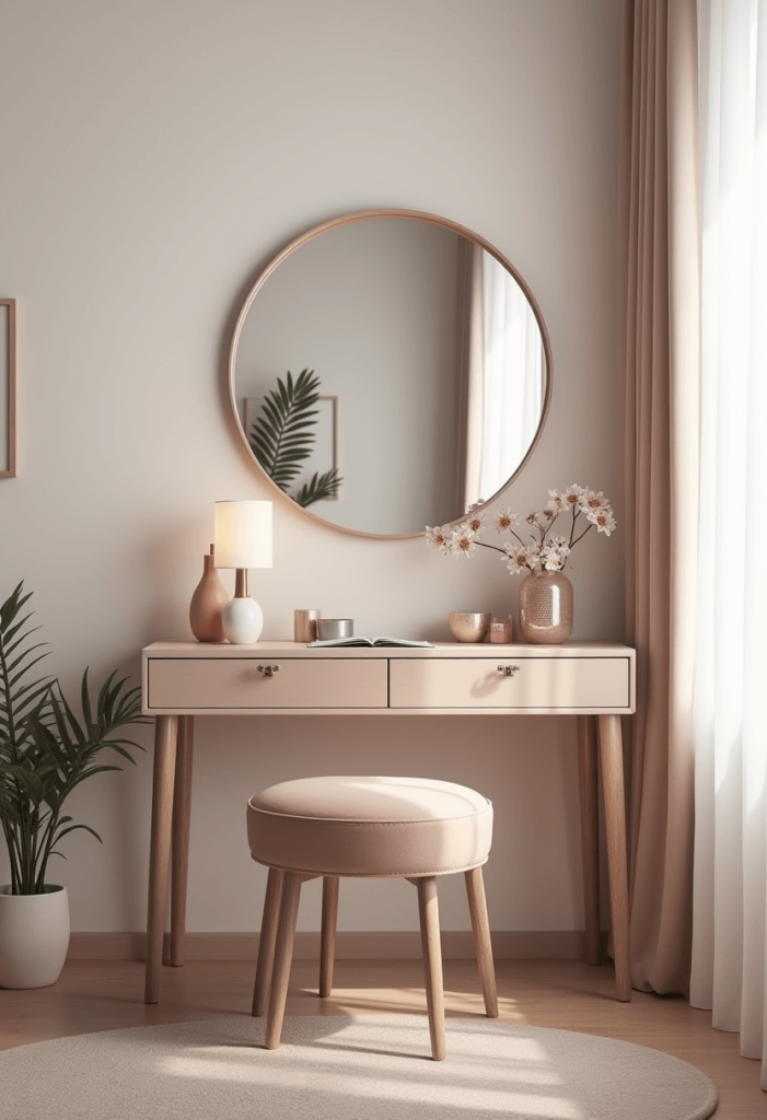 A modern vanity setup with a large round mirror above it, showcasing elegant accessories and a chic color palette in a stylish small bedroom.