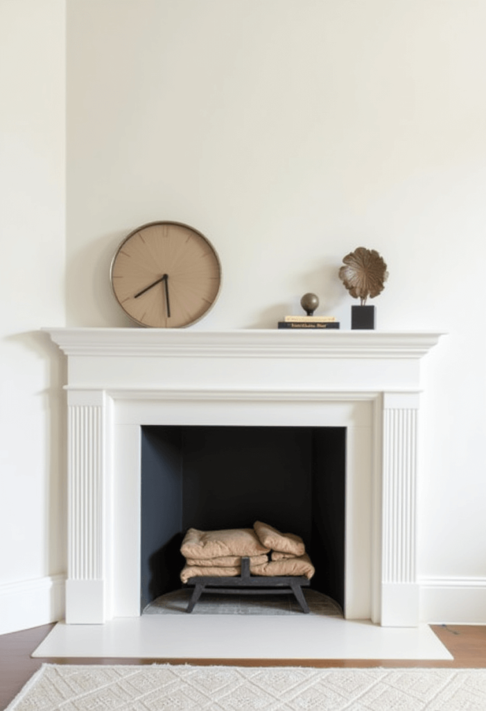 A minimalist corner fireplace mantel showcasing clean lines, a soft color palette, and a few selected decor pieces like a stylish clock and simple sculpture for a sophisticated look.