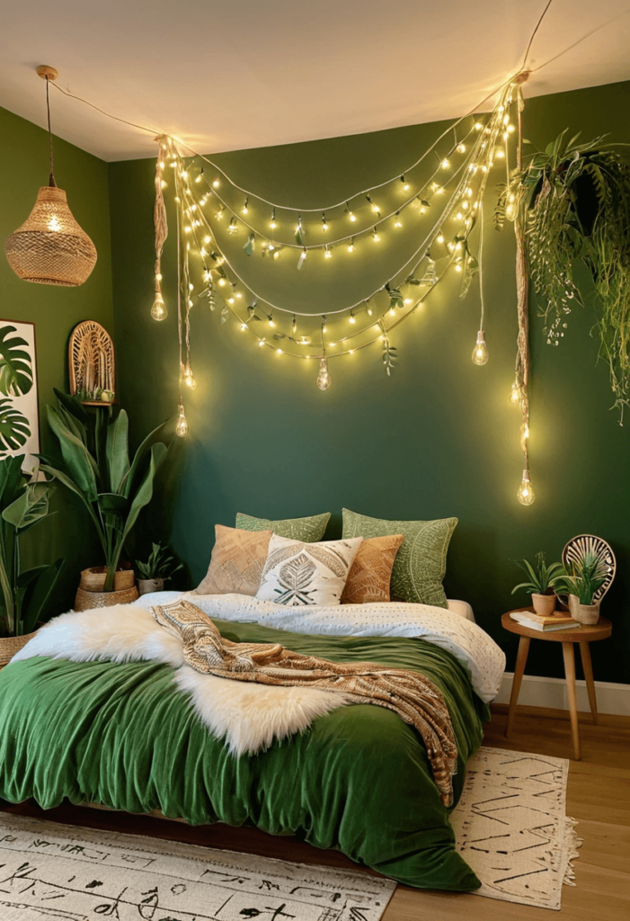 A beautiful green boho bedroom showcasing whimsical lighting, with decorative string lights draped along the walls and a stylish pendant lamp casting a soft glow.