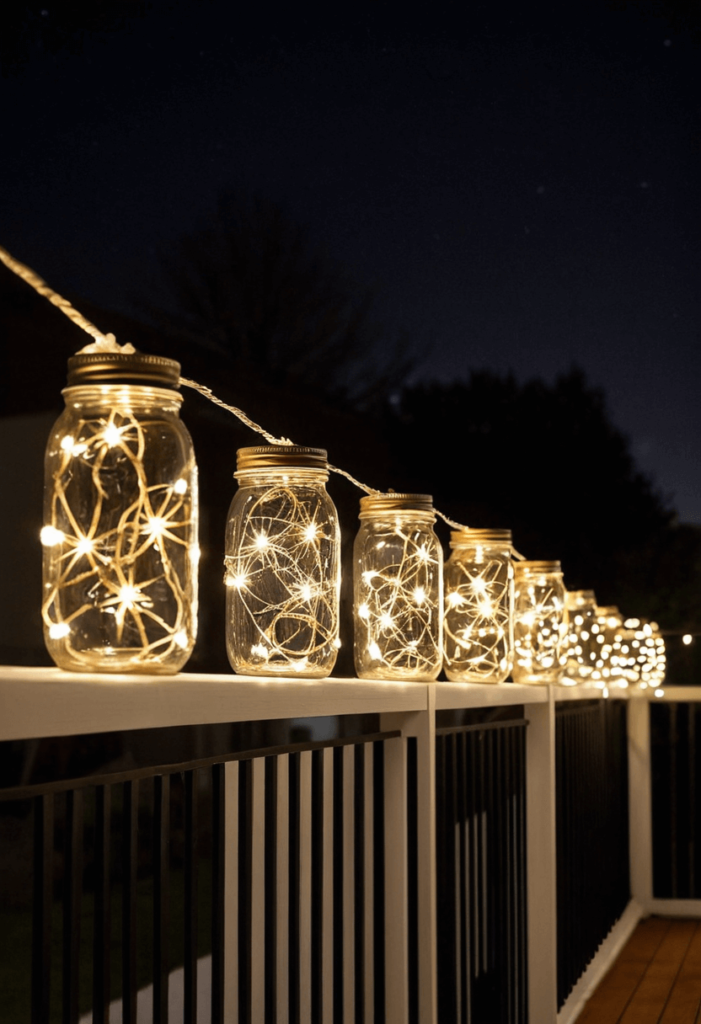 DIY mason jars filled with string lights, lined up along the railing on an apartment balcony, adding a creative and whimsical touch to the Christmas decor.