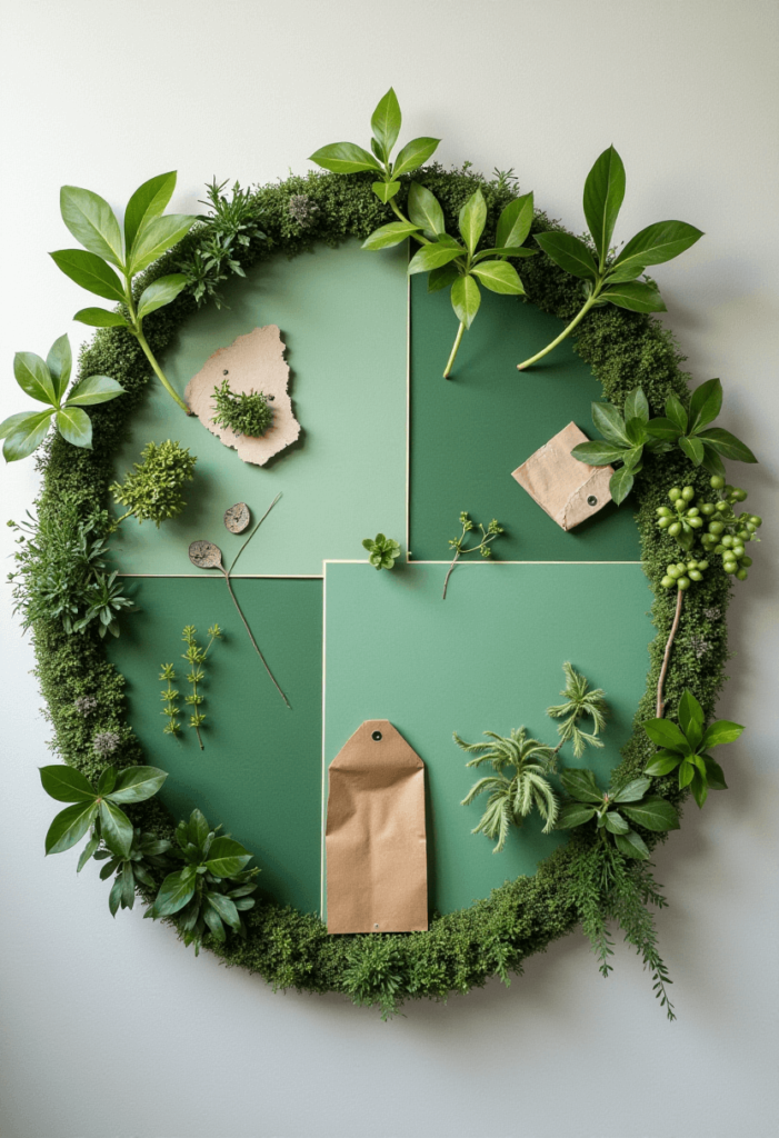 An eco-friendly green board made from recycled materials and integrated plants, showcasing an environmentally conscious design