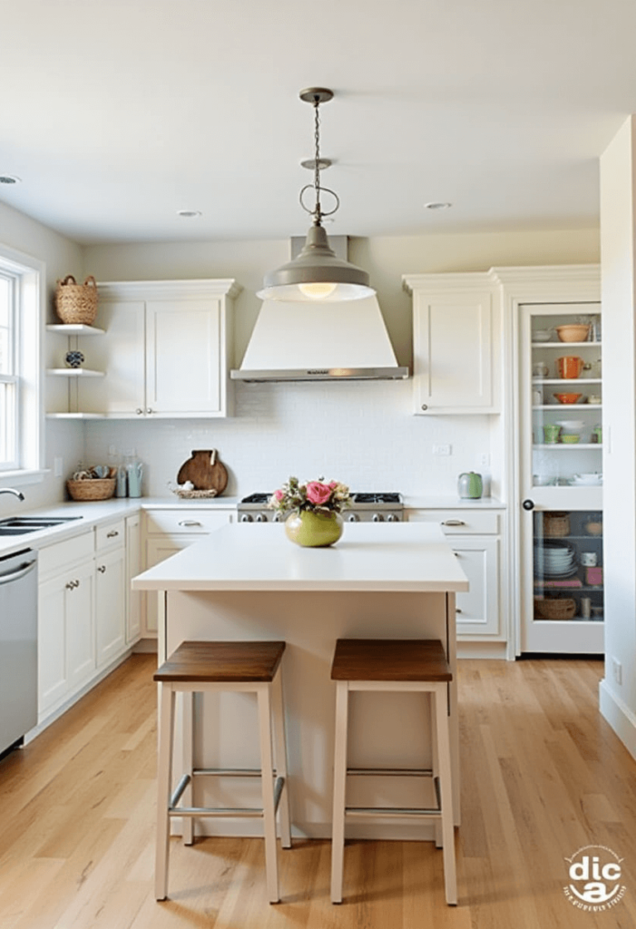 A functional kitchen layout with a multi-purpose island that serves as both a preparation area and dining space, emphasizing efficient use of space.