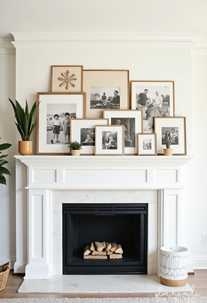 A gallery style fireplace mantel adorned with an assortment of framed photographs, artworks, and personal crafts, emphasizing individuality and personal charm in the decor.