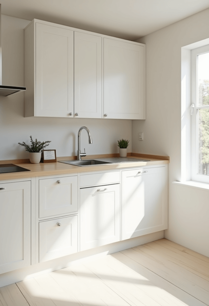 A sleek minimalist kitchen with simple cabinetry featuring clean lines and a neutral color palette, emphasizing a clutter-free and organized environment.