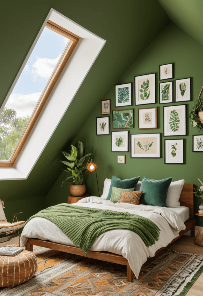 A sloped ceiling bedroom with an artful display of framed artwork and personal photos in a green boho style, highlighted by a cohesive color palette celebrating creativity.