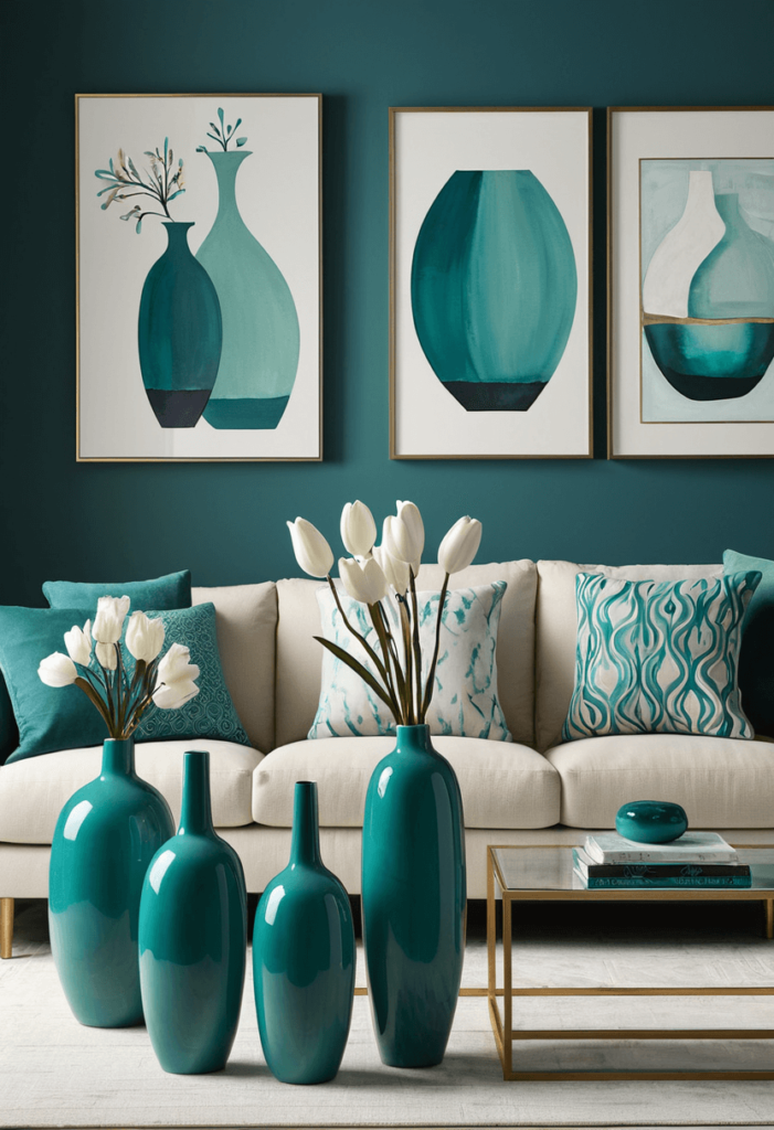 Decorative accents in varying shades of teal, including vases and artwork, beautifully arranged in a modern living room setting for added visual interest.