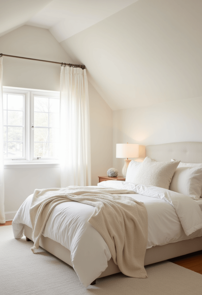 A serene bedroom with a sloped ceiling, adorned with light and airy fabrics for bedding and curtains, creating a breezy and inviting atmosphere.