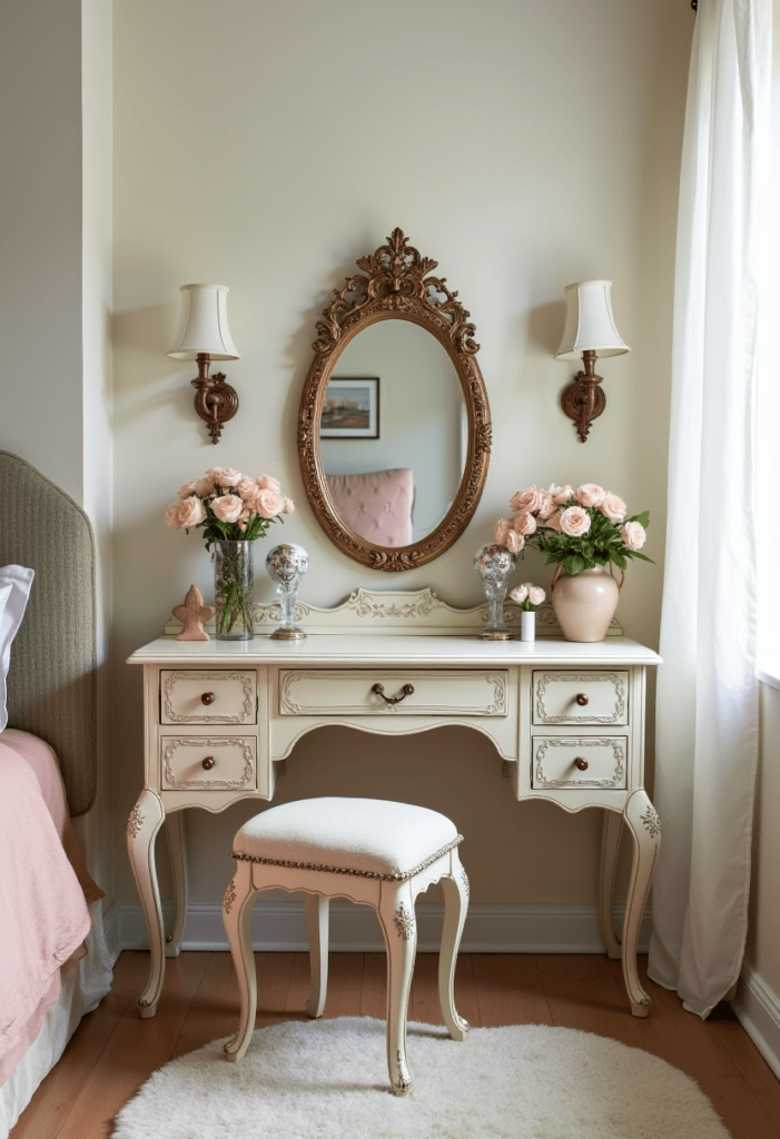 vintage-inspired vanity displayed in a small bedroom, highlighting charming details like floral decor, antique elements, and a beautifully styled dressing mirror.