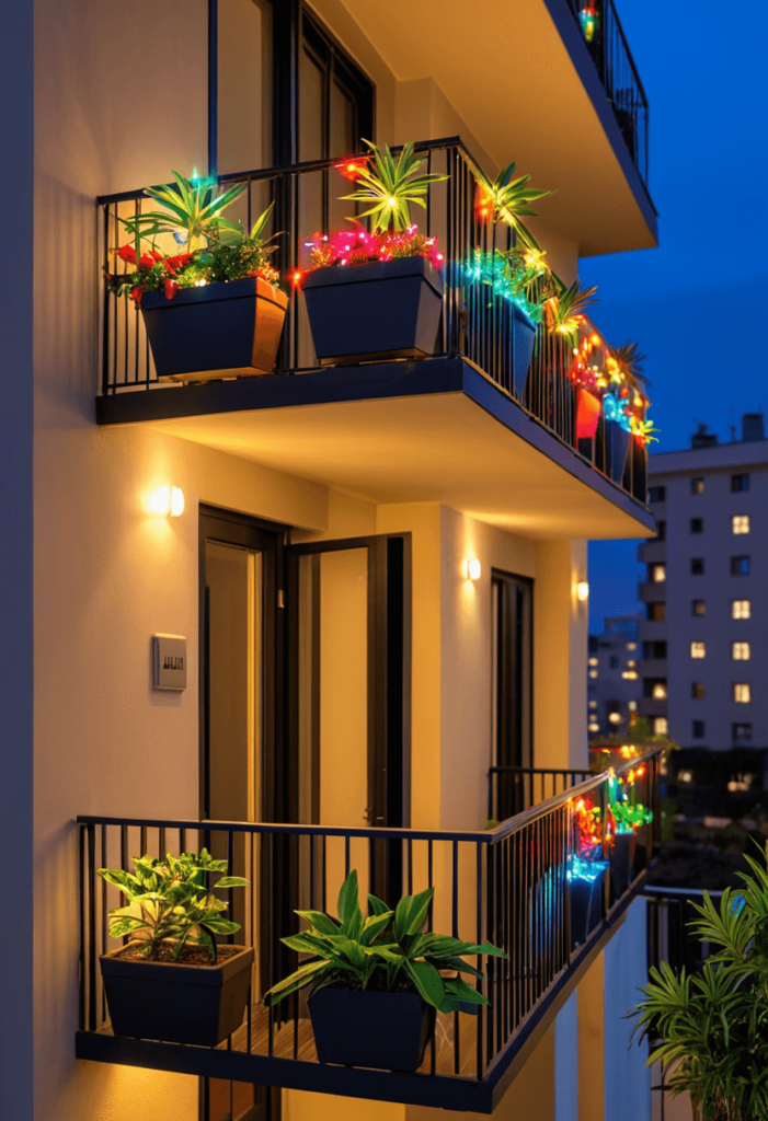 An apartment balcony illuminated with vibrant colored LED lights strung along the railings and around potted plants, creating a cheerful holiday atmosphere.