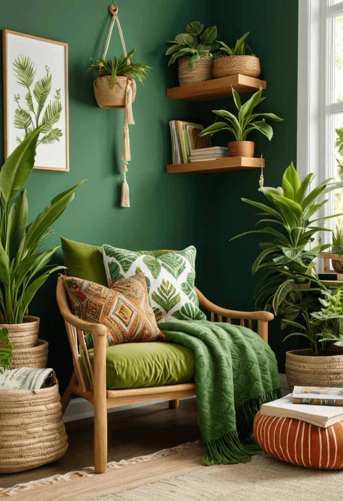 A cozy reading nook in a green boho bedroom featuring a comfortable chair with vibrant cushions and layered throws, surrounded by plants for a tranquil and inviting space.