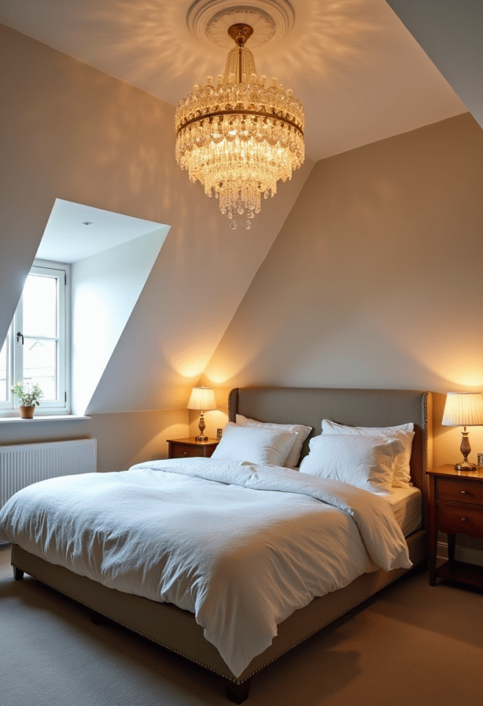 A stylish sloped ceiling bedroom featuring an artistic chandelier or pendant lights, serving as a decorative focal point and illuminating the cozy space.