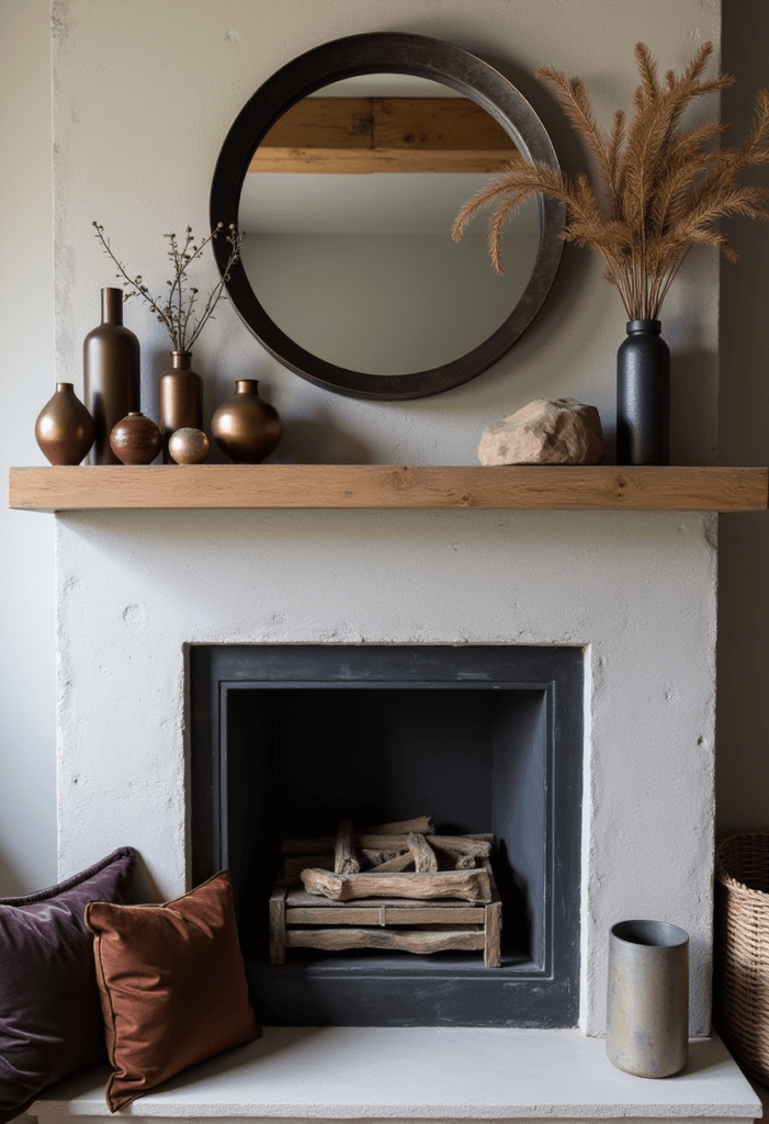 An industrial-style fireplace mantel featuring metal accents, concrete textures, and unique decor items, complemented by rich fabrics like velvet pillows for a cozy yet edgy vibe.