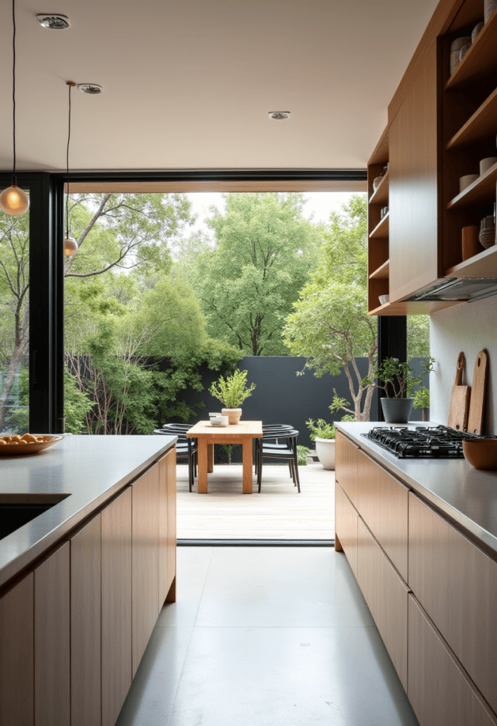 A bright kitchen with large windows and sliding doors connecting to an outdoor dining area, highlighting the seamless transition between indoor and outdoor living.