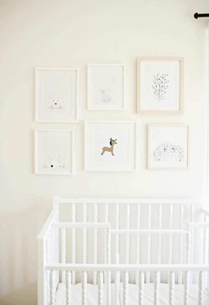 A nursery wall featuring minimal artwork, such as simple animal prints and soft abstract designs, enhancing the serene decor without overwhelming the space.