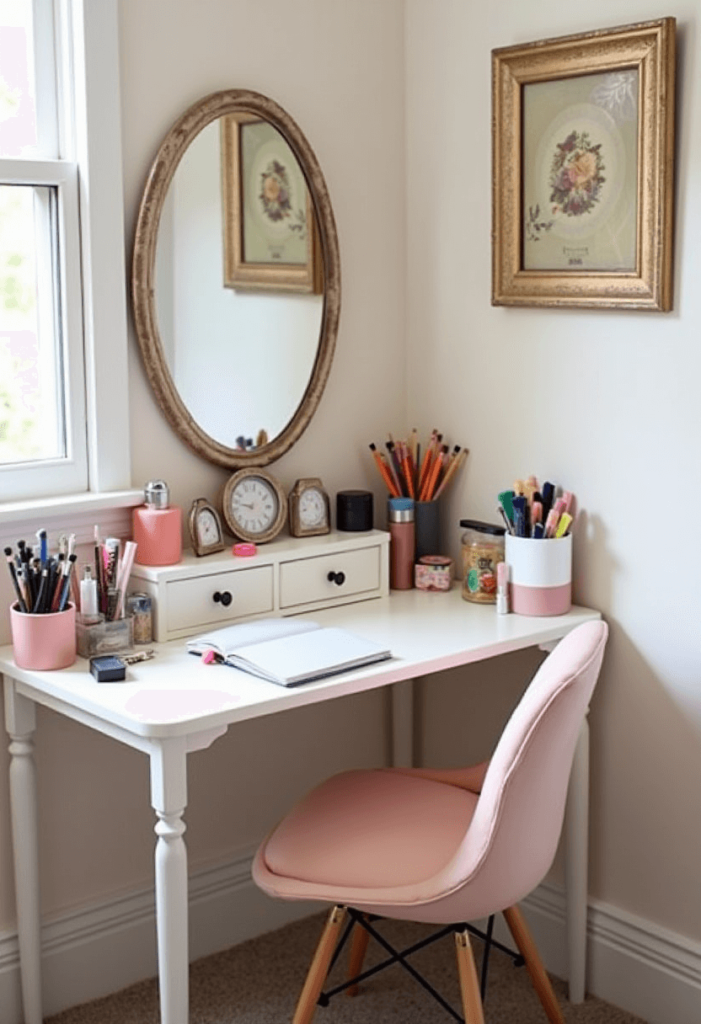 A multi-functional vanity doubling as a desk or study area in a small bedroom, featuring organized beauty products alongside school supplies for convenience.