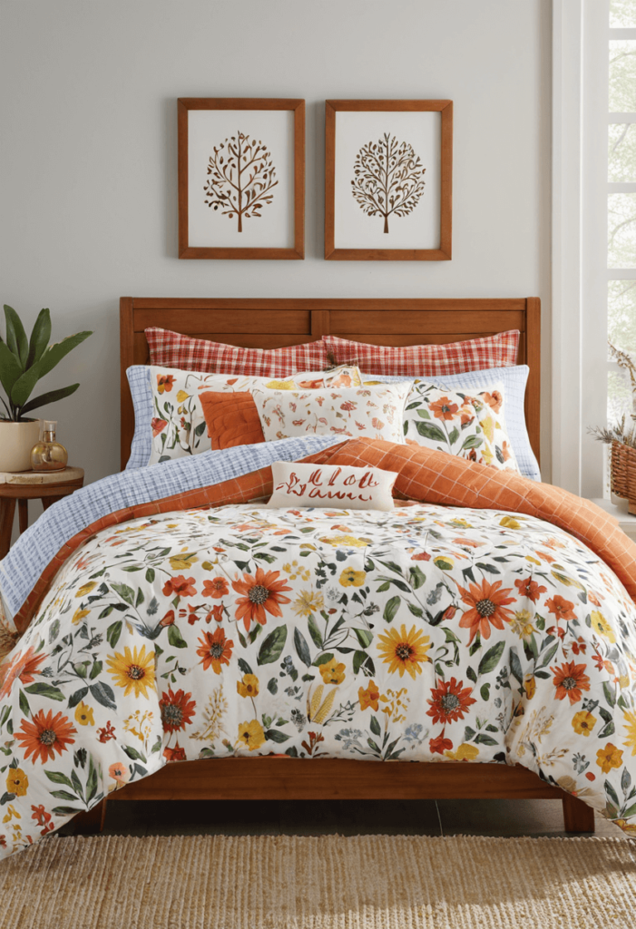 A bedroom showcasing seasonal bedding arrangements, with a bright and airy summer set alongside a cozy winter set featuring flannel and warm hues.