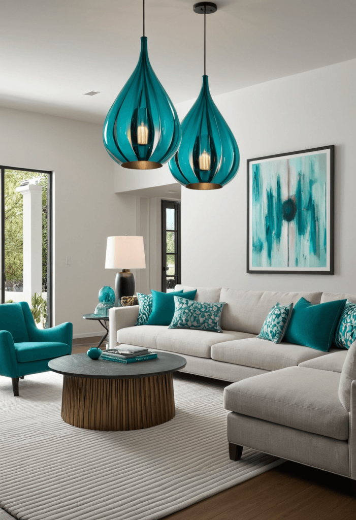 A contemporary living room with unique teal lighting fixtures, such as pendant lights and floor lamps, illuminating the space with style and elegance.