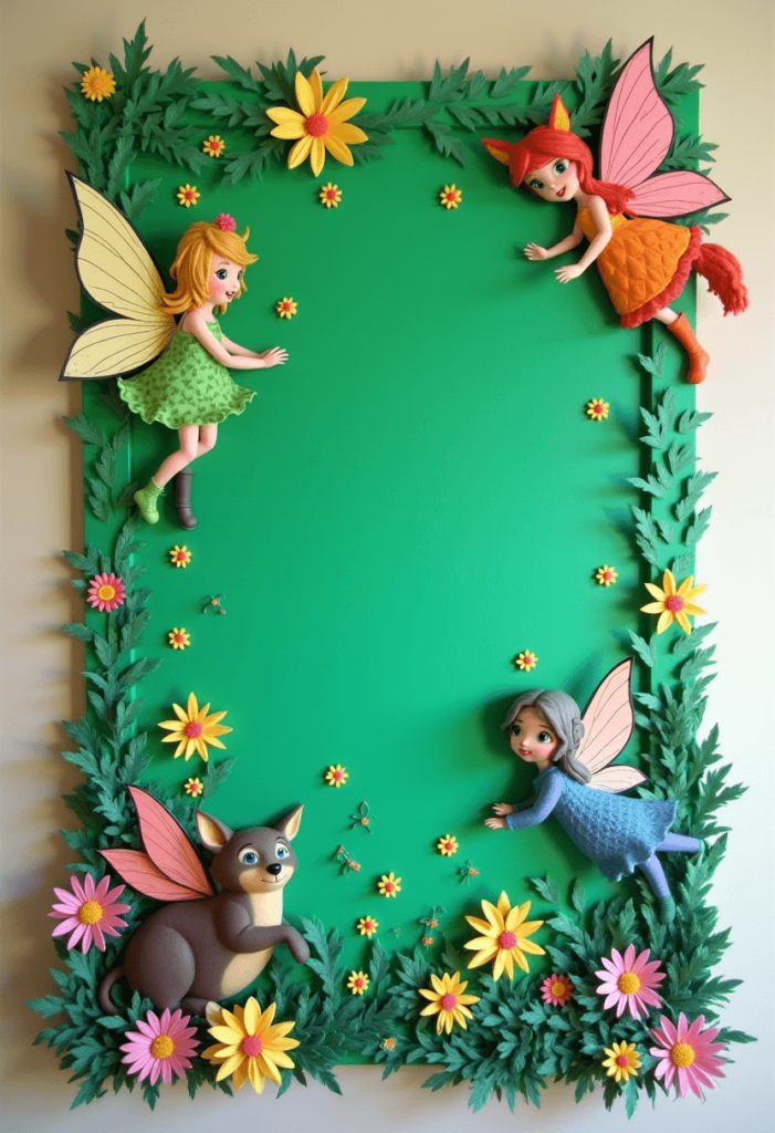 A whimsical green board featuring playful designs with fairies and animals, embellished with vibrant colors for an enchanting feel.