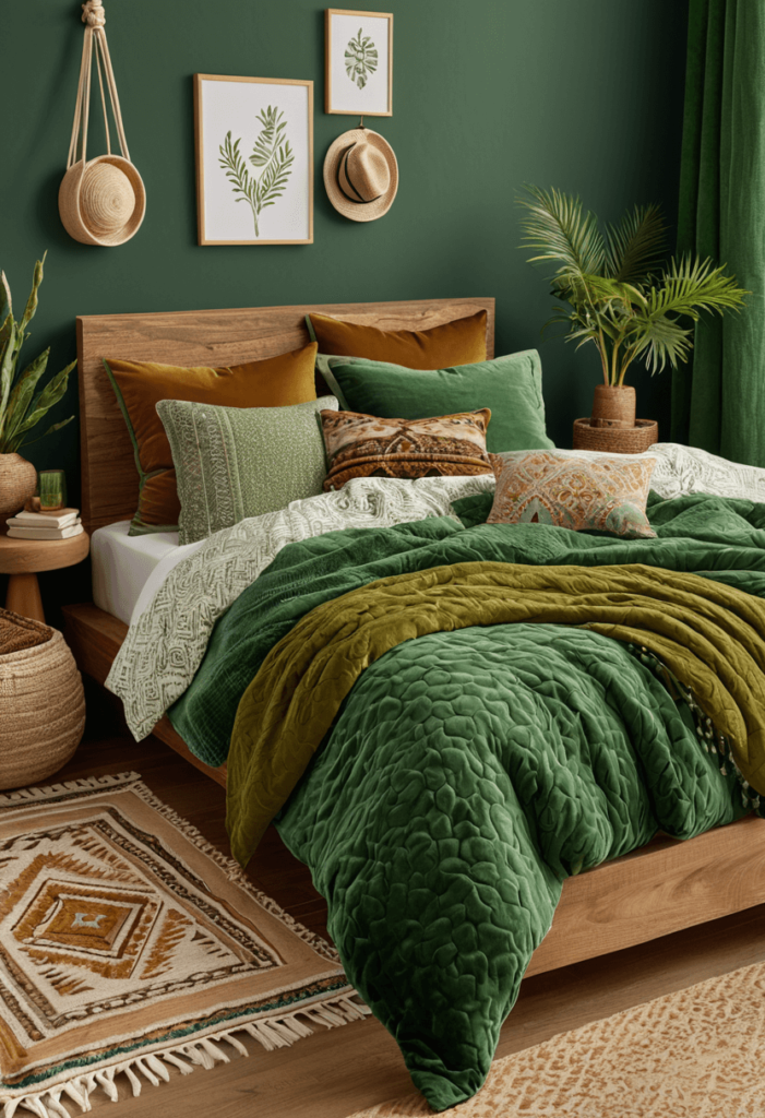 A green boho bedroom showcasing various textured fabrics in bedding and decor, including cotton, velvet, and linen that promotes comfort and visual interest.