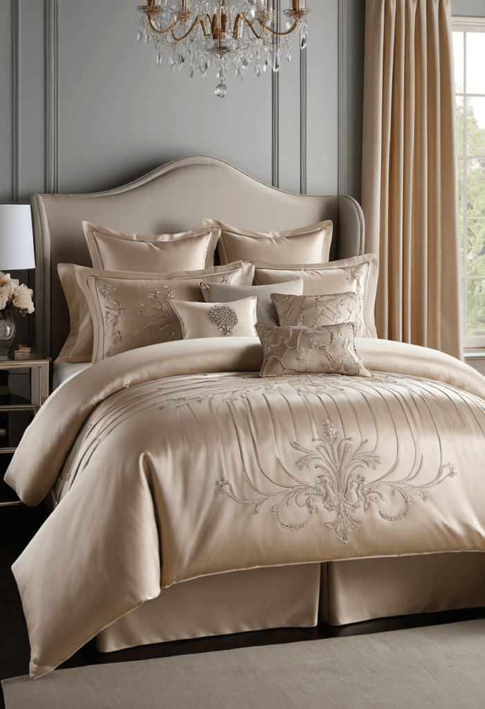 A sophisticated bedroom featuring an elegant duvet cover in luxurious silk, paired with decorative pillows that enhance the overall style of the room.