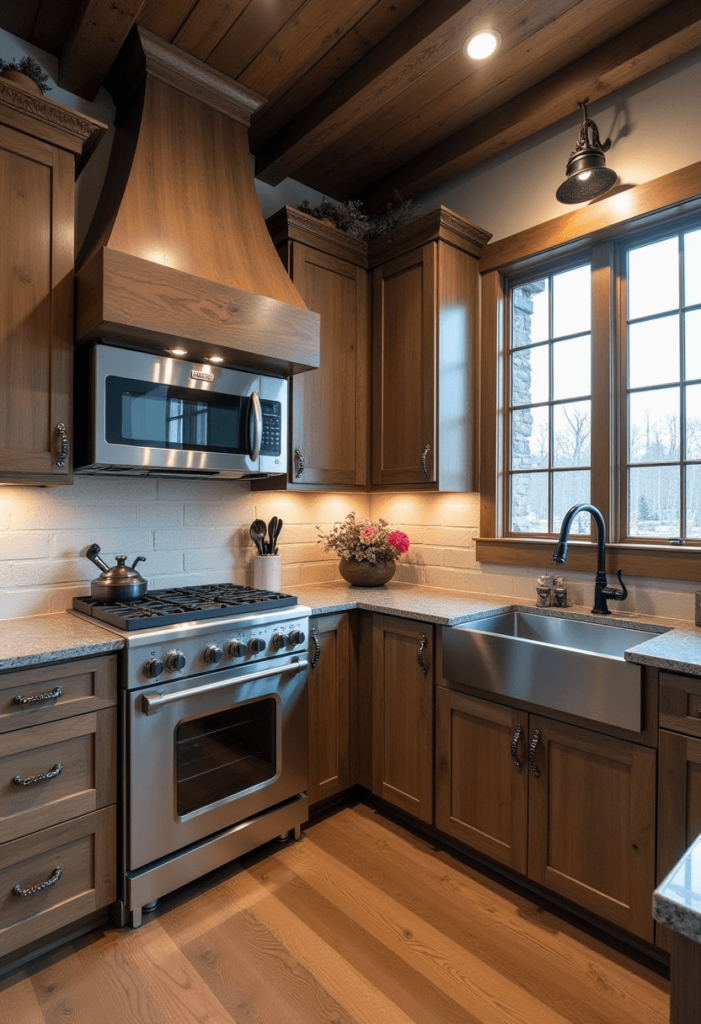 A kitchen with an industrial look featuring cabinets made from reclaimed wood and metal finishes, showcasing exposed hardware for a rugged and modern vibe.