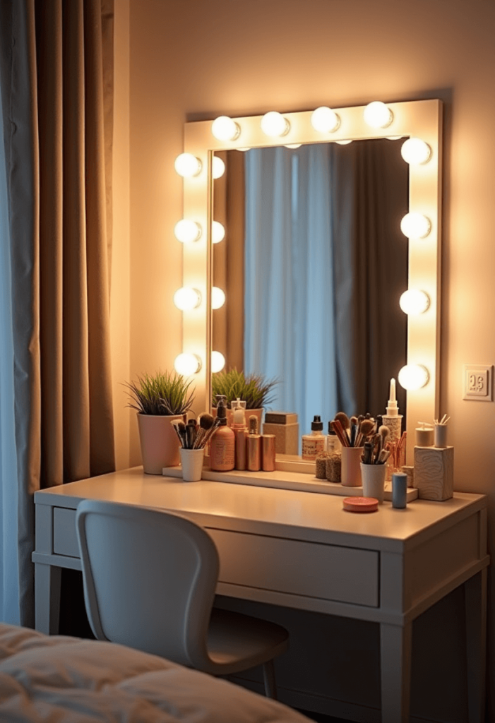 A vanity with a lighted mirror in a contemporary small bedroom, showcasing bright lights surrounding the mirror and a well-organized beauty station for makeup application.