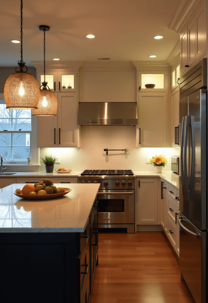 A stylish kitchen featuring layered lighting, including a statement chandelier, under-cabinet lights, and ambient fixtures that create a warm atmosphere.