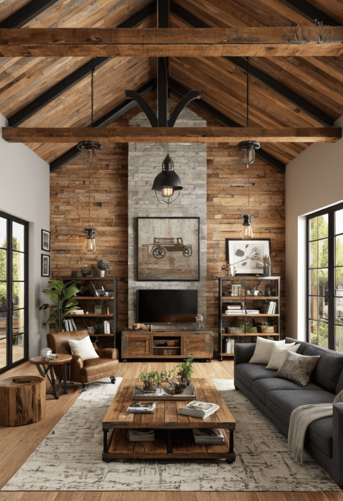 An industrial living room incorporating rustic wood elements, including reclaimed wood furniture and wooden beams that provide warmth and texture.