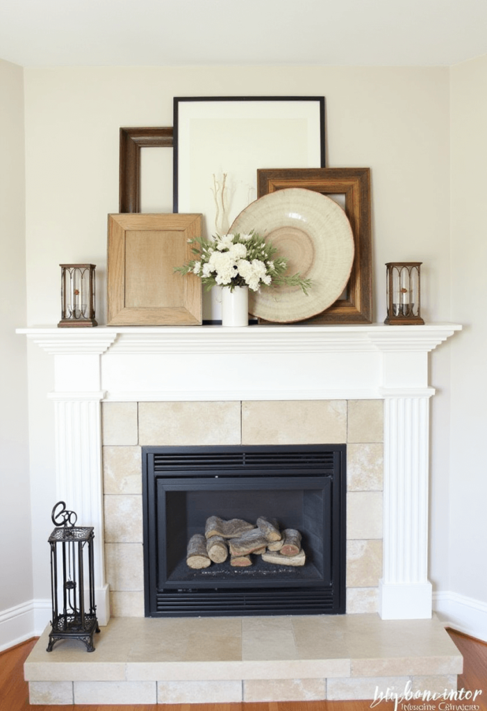 A corner fireplace mantel displaying a mix of various textures, such as wood, metal, fabric, and glass, creating a captivating and visually interesting decor arrangement.
