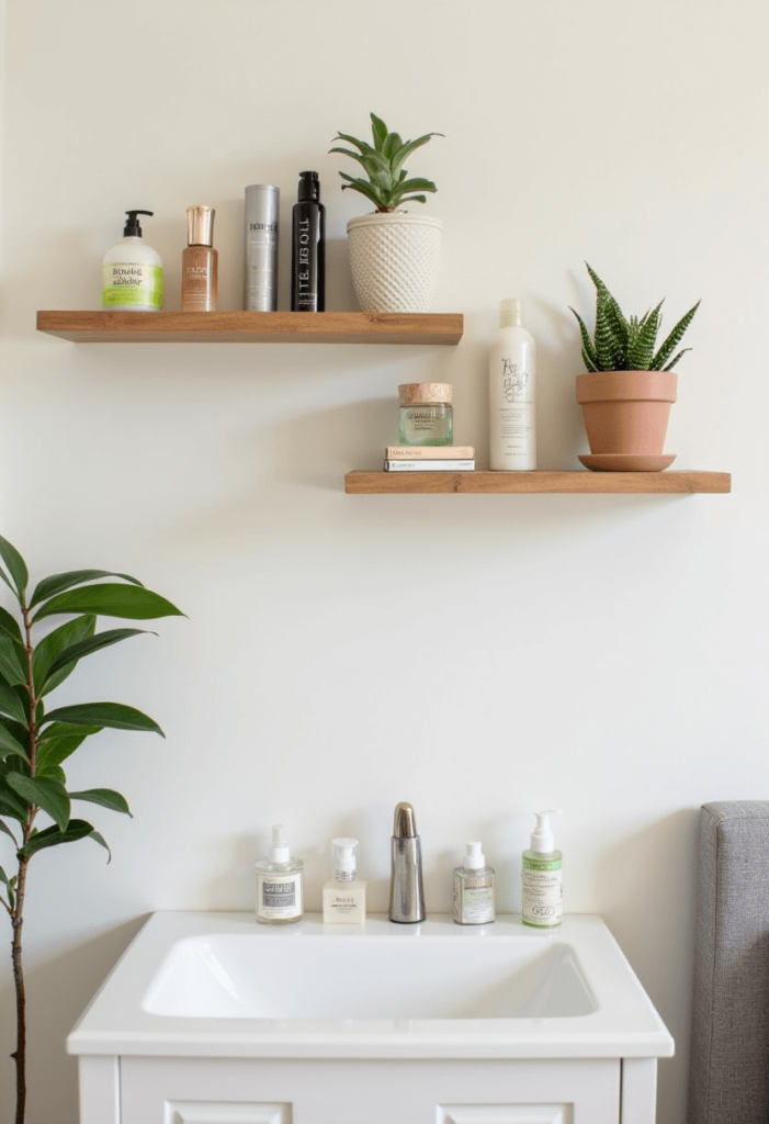 Floating shelves installed above a small vanity, displaying an array of beauty products, stylish storage solutions, and decorative plants in a well-decorated bedroom.