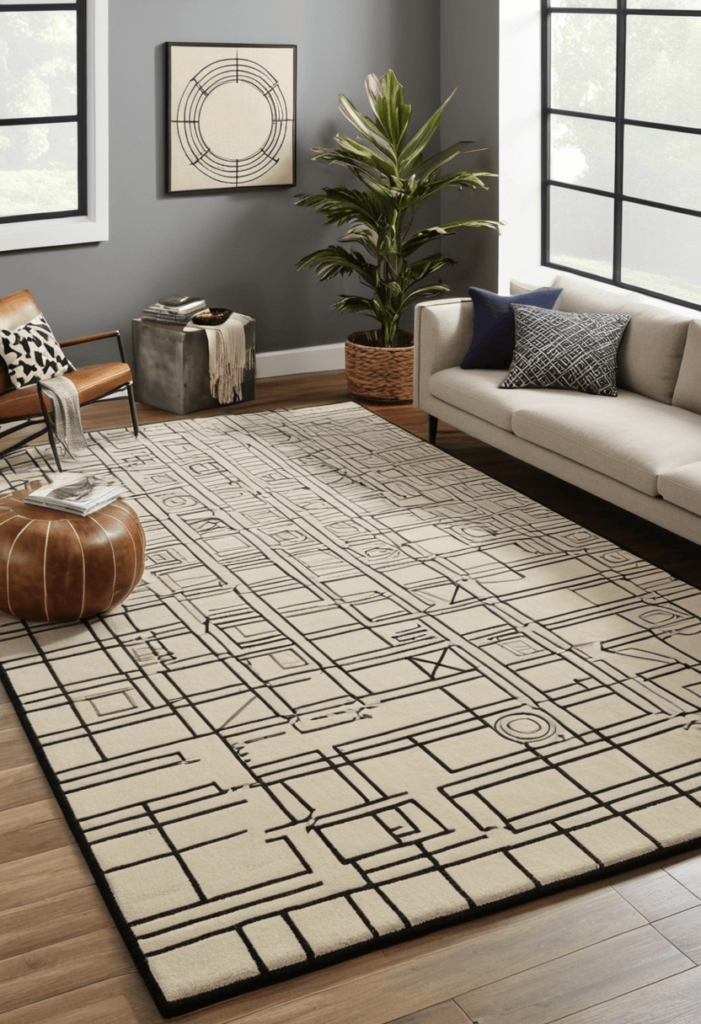 A stylish living room showcasing an industrial-inspired rug with geometric patterns and muted colors, contributing to the comfort and style of the space.