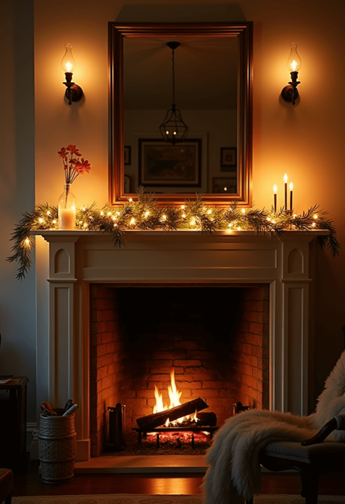  A beautifully lit fireplace mantel featuring a mix of sconces, fairy lights, and candles, showcasing how strategic lighting transforms the cozy atmosphere of the space.