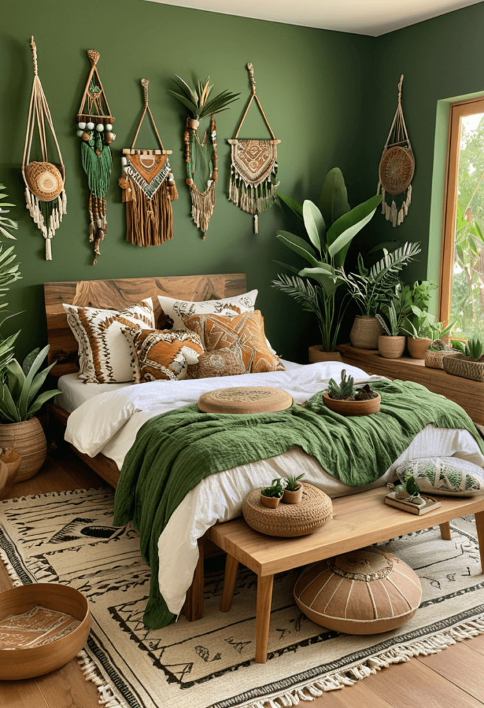 A green boho bedroom featuring personalized touches with unique decor items and cherished possessions displayed in a serene, nature-inspired setting.