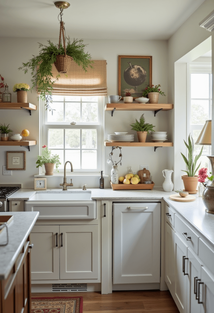 A personal kitchen decorated with unique artwork and family heirlooms, conveying warmth and sentimentality in the overall design.