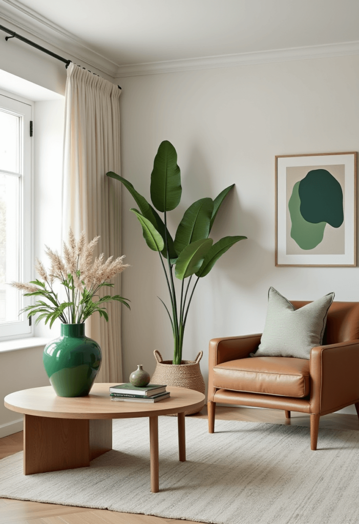 A living room showcasing statement decor pieces, including a striking green vase filled with fresh flowers and bold artwork, enhancing design while maintaining a calm vibe.