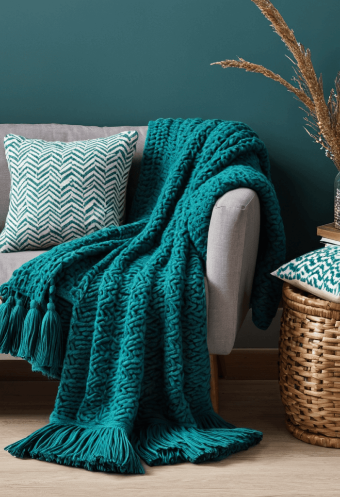 Teal accessories, including throw blankets and cushions, beautifully arranged on a sofa and armchair, adding warmth and inviting texture to the room.