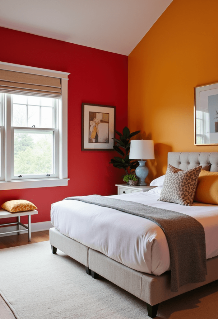 A bedroom showcasing a striking accent wall painted in a bold color, with decor and furnishings that complement the vibrant theme while maintaining a balanced aesthetic.