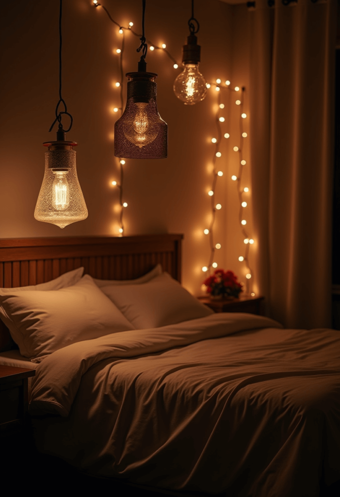 A cozy bedroom illuminated by unique lighting fixtures, including hanging pendant lights and decorative fairy lights, creating an inviting and warm atmosphere.