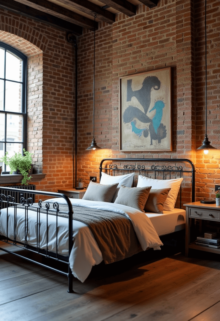 An industrial-style bedroom showcasing a blend of metal furniture and reclaimed wood accents, with exposed brick walls and warm, ambient lighting creating a cozy atmosphere