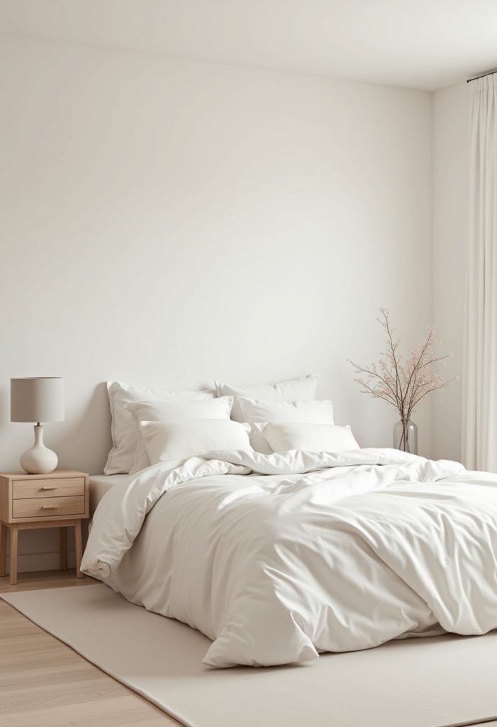 A minimalist bedroom featuring essential furniture pieces, a calming neutral color palette, and an open, uncluttered layout ideal for a serene space to relax