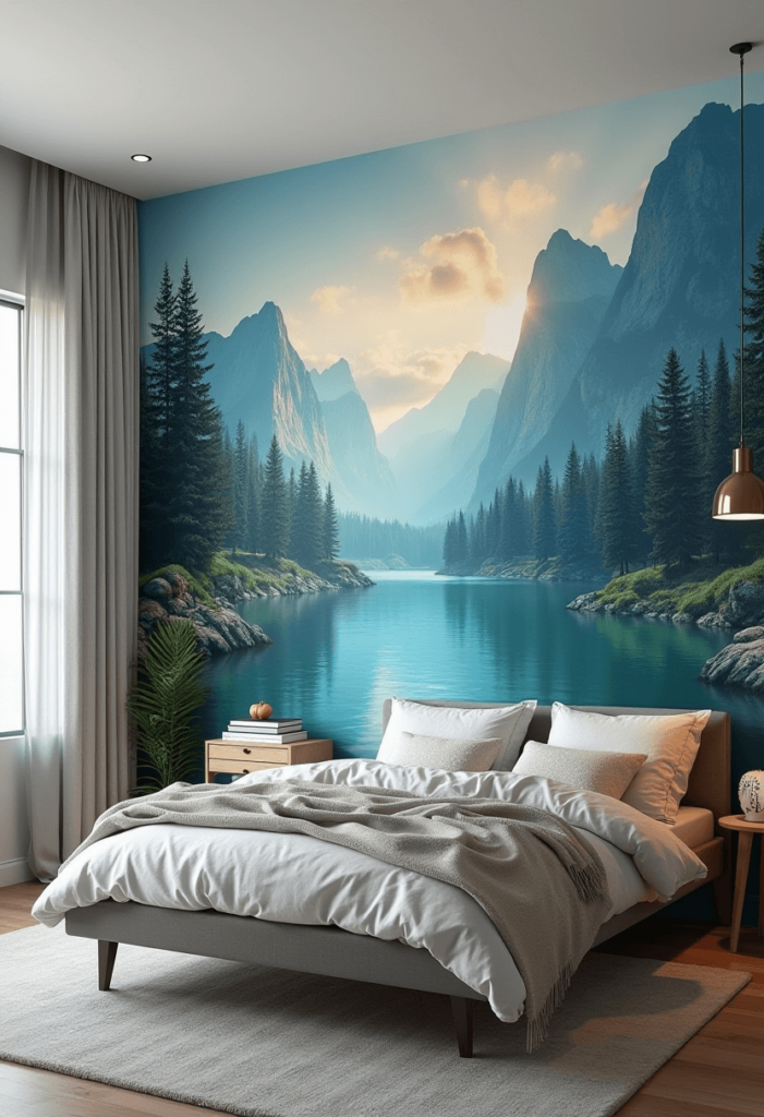 A bedroom featuring a captivating wall mural of a scenic landscape or an inspiring quote, complemented by matching bedding and thematic accessories on a modern desk.