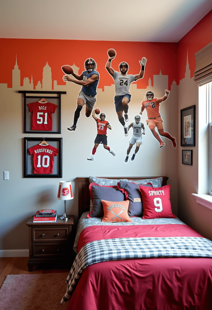 A vibrant bedroom adorned with sports-themed wall decals of popular athletes, featuring team-colored bedding and framed jerseys showcasing memorabilia on the walls