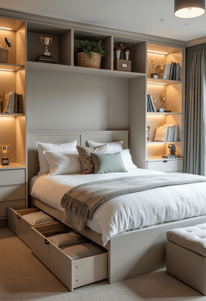 A tidy bedroom emphasizing stylish storage options, such as under-bed drawers, multi-functional furniture pieces, and open shelving displaying trophies and books.