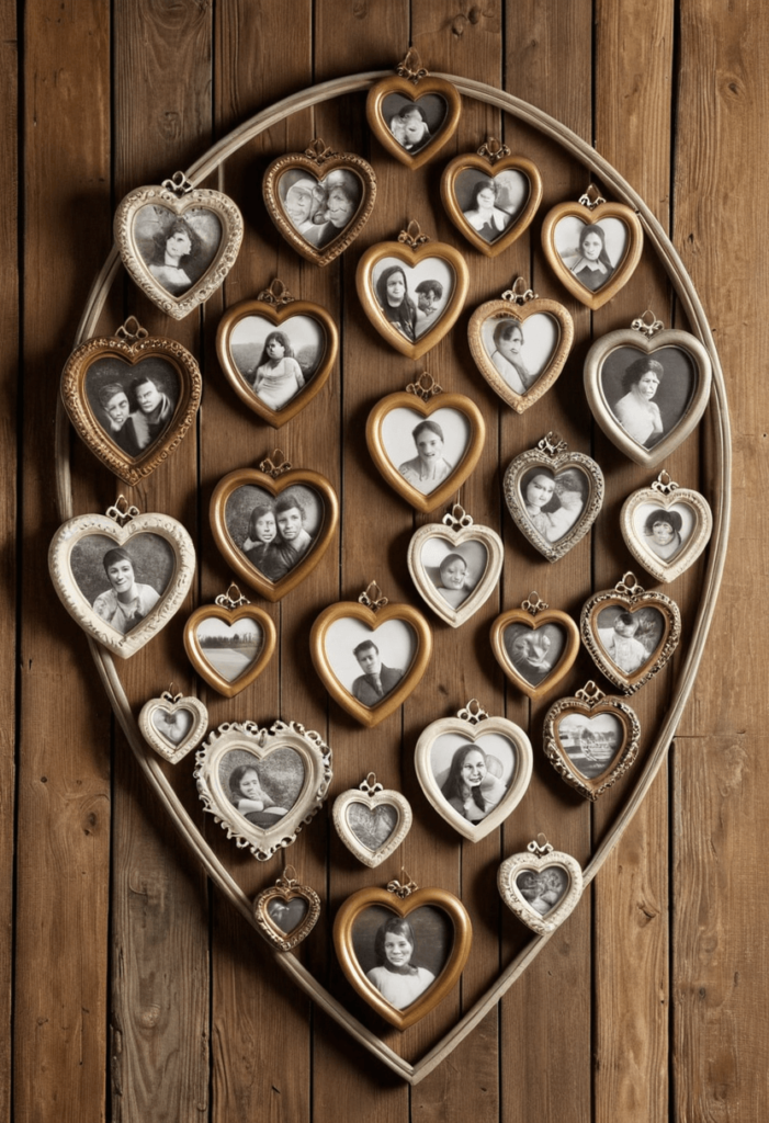 Assorted antique heart-shaped frames in various sizes and colors displaying nostalgic romantic photographs on a rustic wooden wall