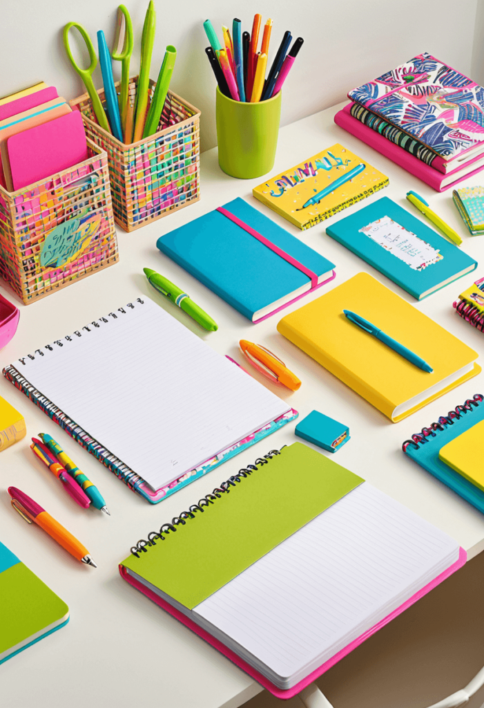 Vibrant dorm desk adorned with colorful stationery items including bright notebooks, assorted pens, and fun organizers, showcasing a cheerful color palette.