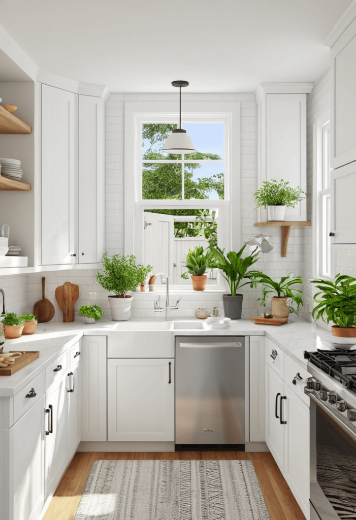 Small kitchen with crisp white cabinets, light countertops, and natural light streaming through the window, creating an airy atmosphere