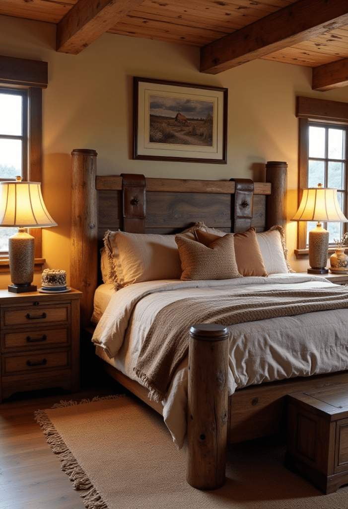 A cozy Western bedroom featuring a rustic wooden bed frame with leather accents, a reclaimed wood nightstand, and stone decor elements, illuminated by warm lighting.