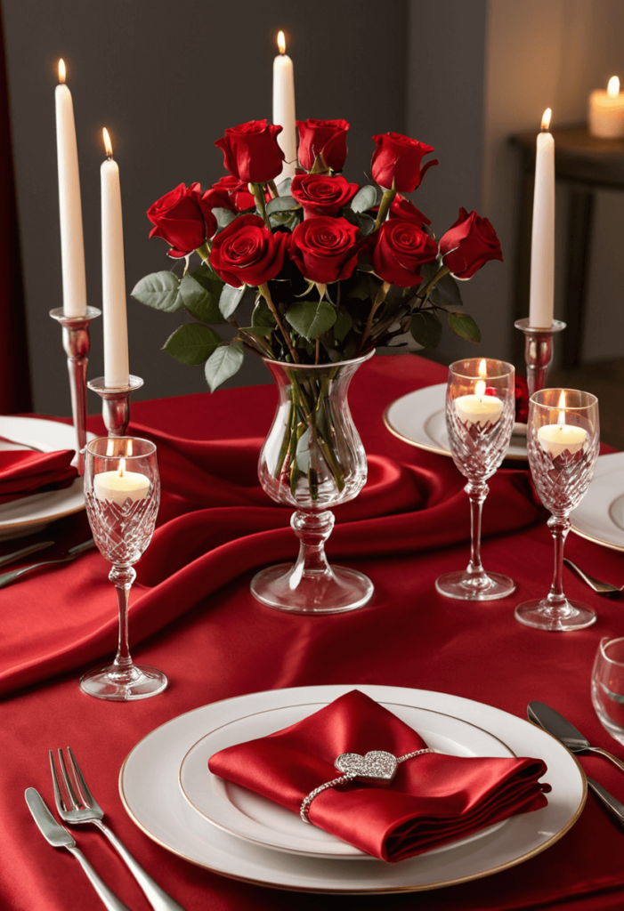A beautifully set dining table for Valentine's Day featuring a silky red tablecloth, elegant candle holders with lit candles, and a small bouquet of red roses as a centerpiece.