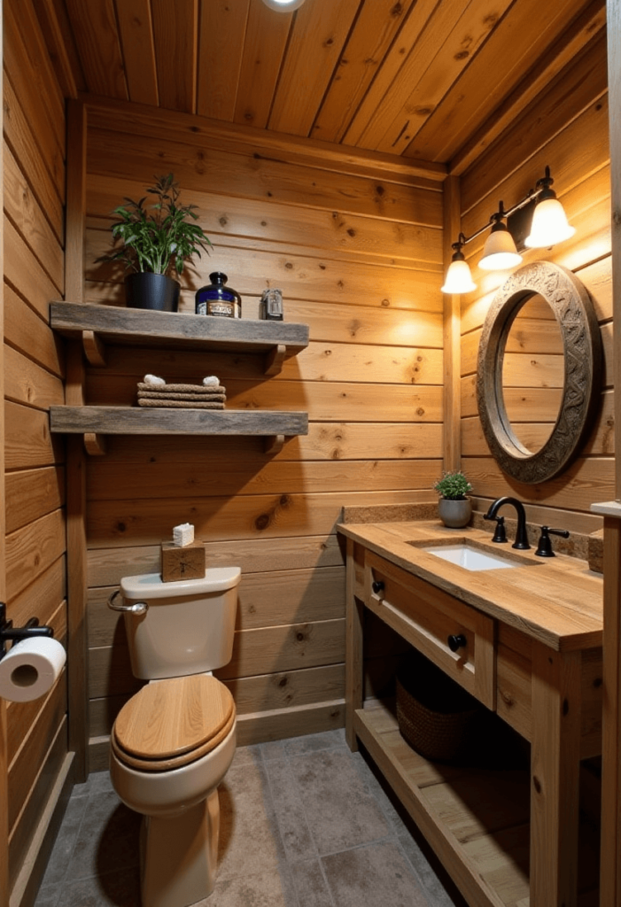 Cozy small cabin bathroom showcasing rustic wood accents, featuring reclaimed wood shelves, a wooden vanity, and a wood-paneled accent wall, illuminated with warm lighting