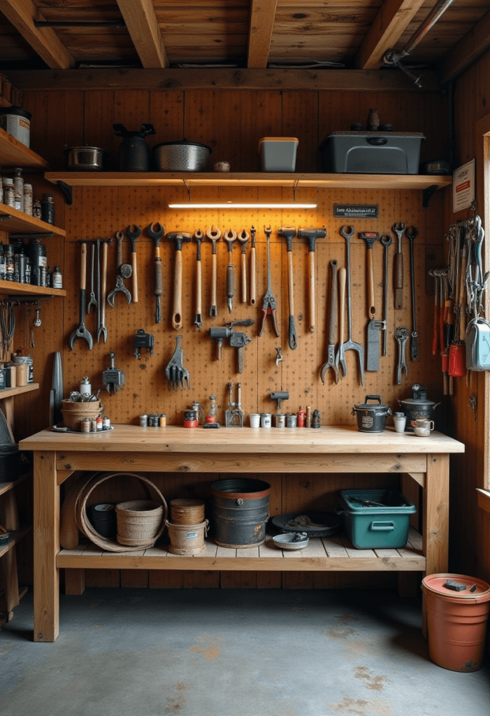 A rustic garage workshop featuring a central sturdy workbench surrounded by organized shelves and pegboards filled with various tools.